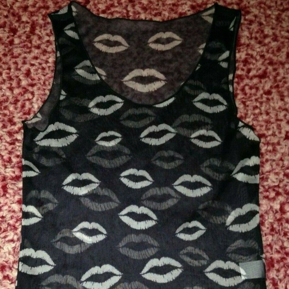Vintage Brand New Without Tags SHE-DEVIL Sheer Sleeveless Lips Design Top Small